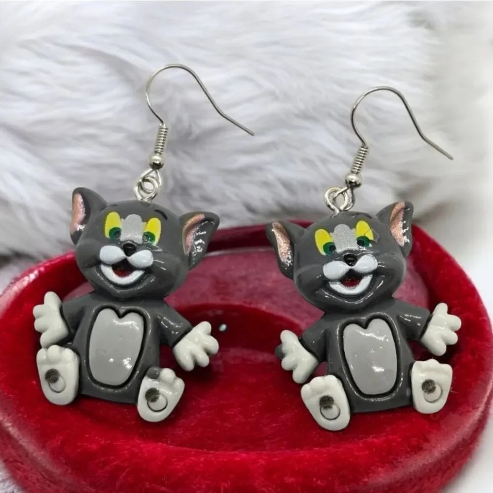 Tom & Jerry Cartoon Gray Cat Earrings Iconic TV Famous Classic 40s Retro Resin